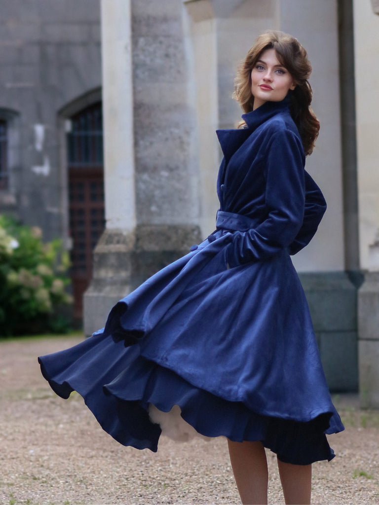 Marineblau 1950er Samt Lang Mantel