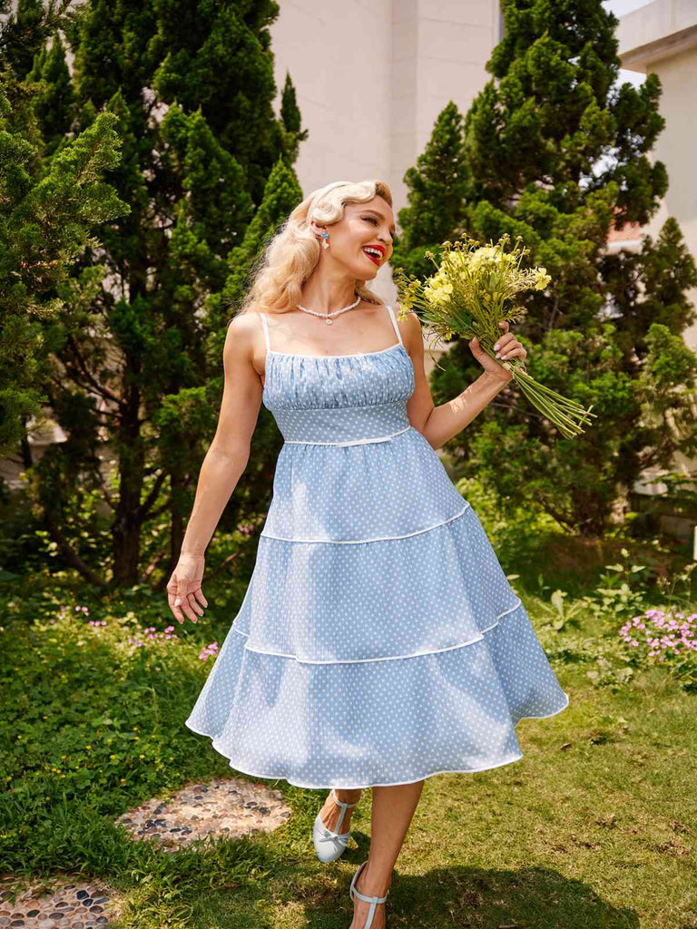 Himmelblau 1950er Tupfen Trägern Swing Kleid