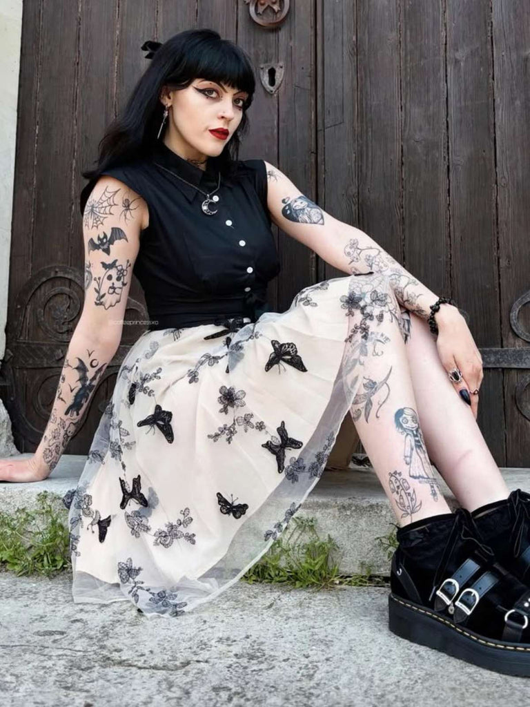 50er Kleid mit Schmetterlings und Patchwork in Schwarz