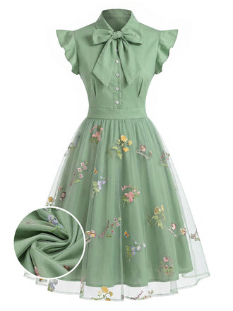 50er Kleid mit Stickerei, Blumen und Patchwork in Grün