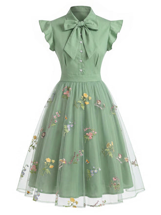 50er Kleid mit Stickerei, Blumen und Patchwork in Grün