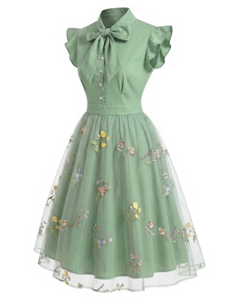 50er Tüllkleid mit Blumenstickerei und Schleifenkragen