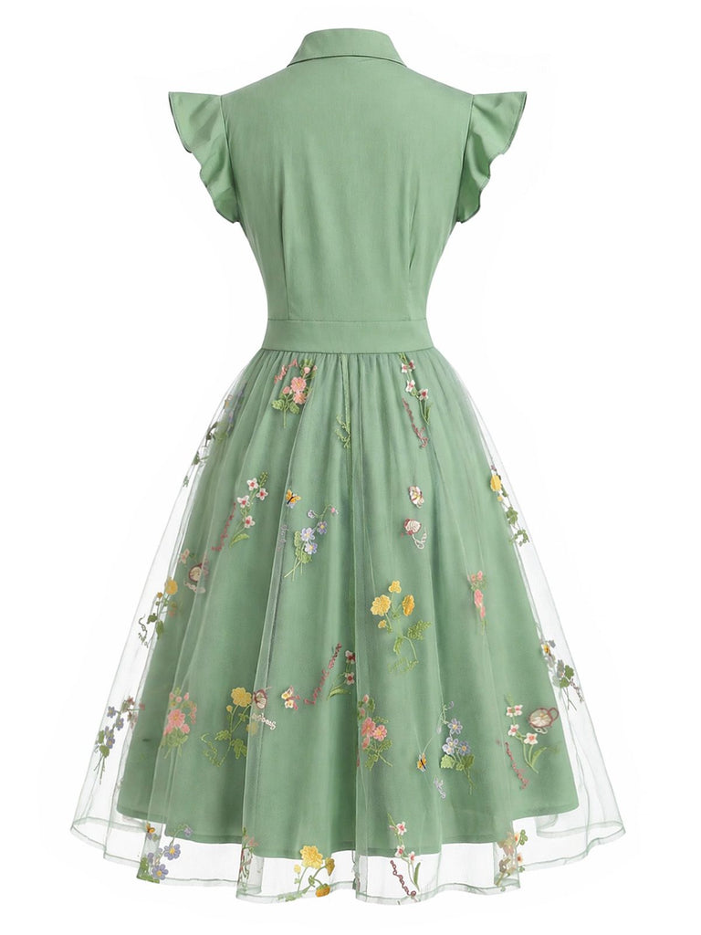 50er Tüllkleid mit Blumenstickerei und Schleifenkragen