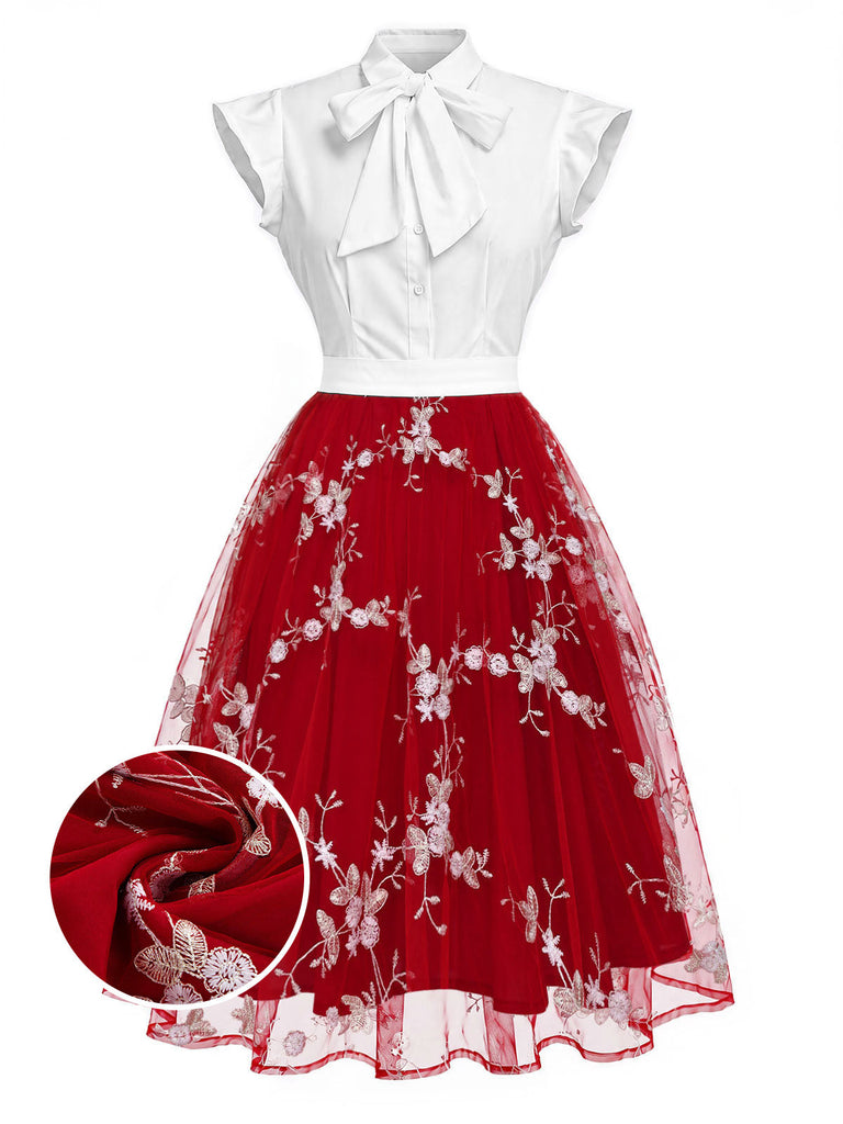 50er Tüllkleid mit Blumenstickerei und Schleifenkragen