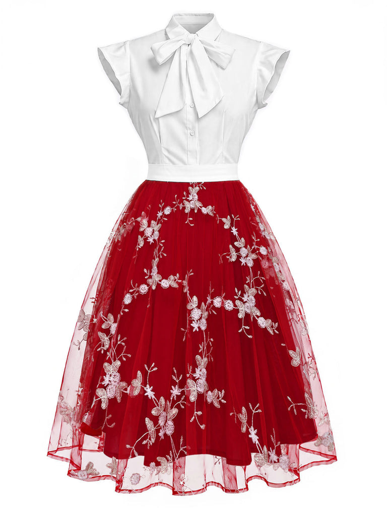 50er Tüllkleid mit Blumenstickerei und Schleifenkragen