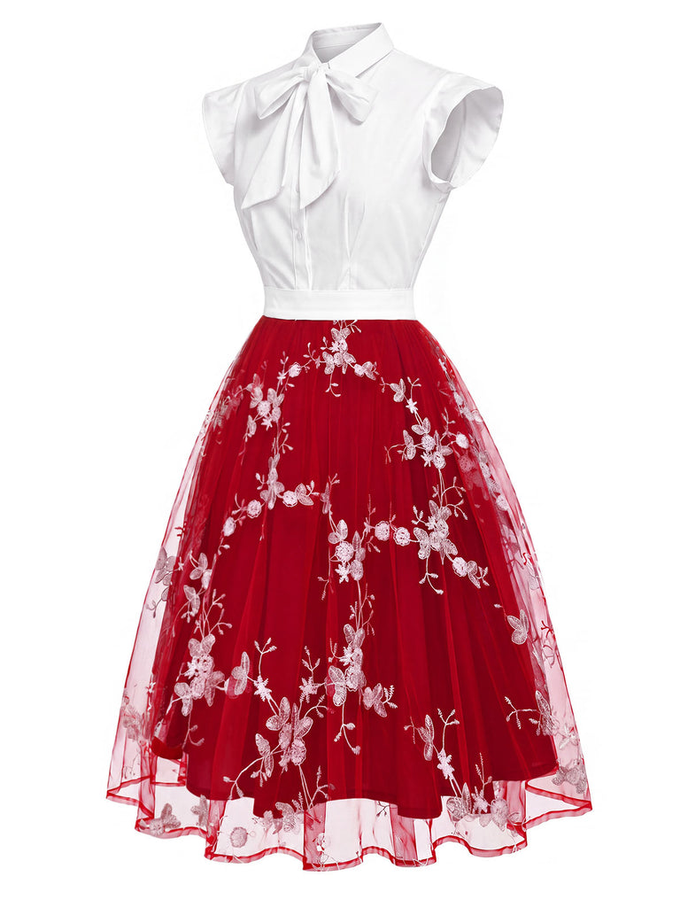 50er Tüllkleid mit Blumenstickerei und Schleifenkragen