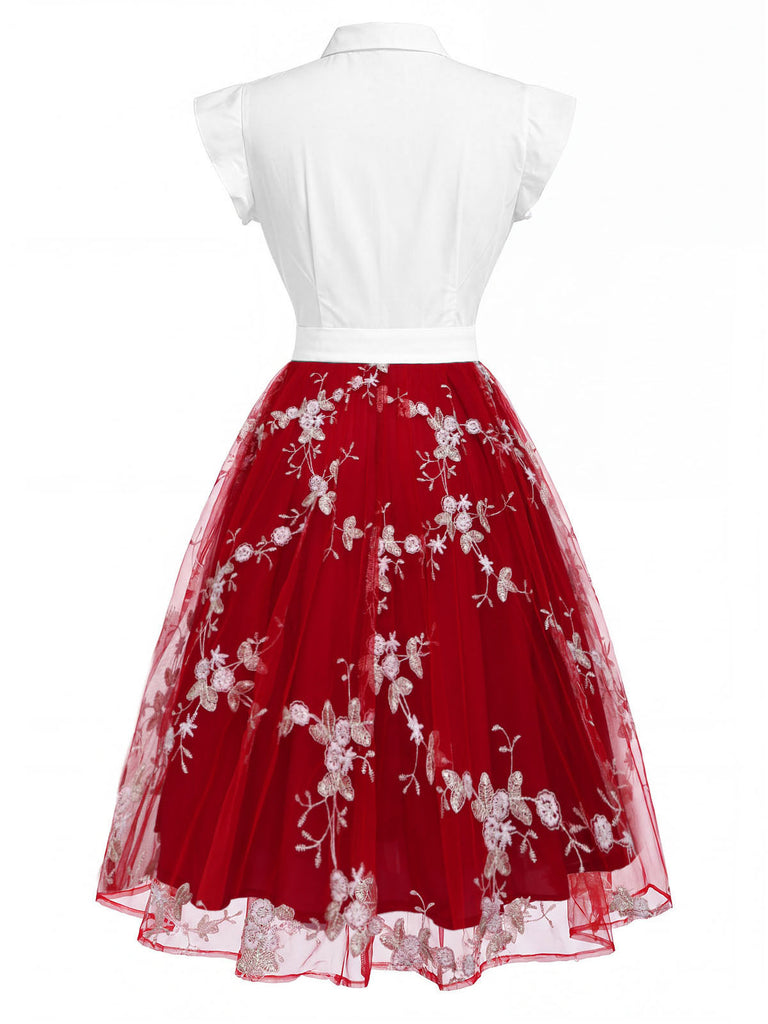 50er Tüllkleid mit Blumenstickerei und Schleifenkragen