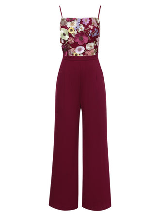 WEINROT PATCHWORK JUMPSUIT MIT BLUMEN-3D-RIEMEN