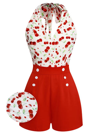 Rot 1950er Kirsche V-Ausschnitt Halter Schnürschuh Romper