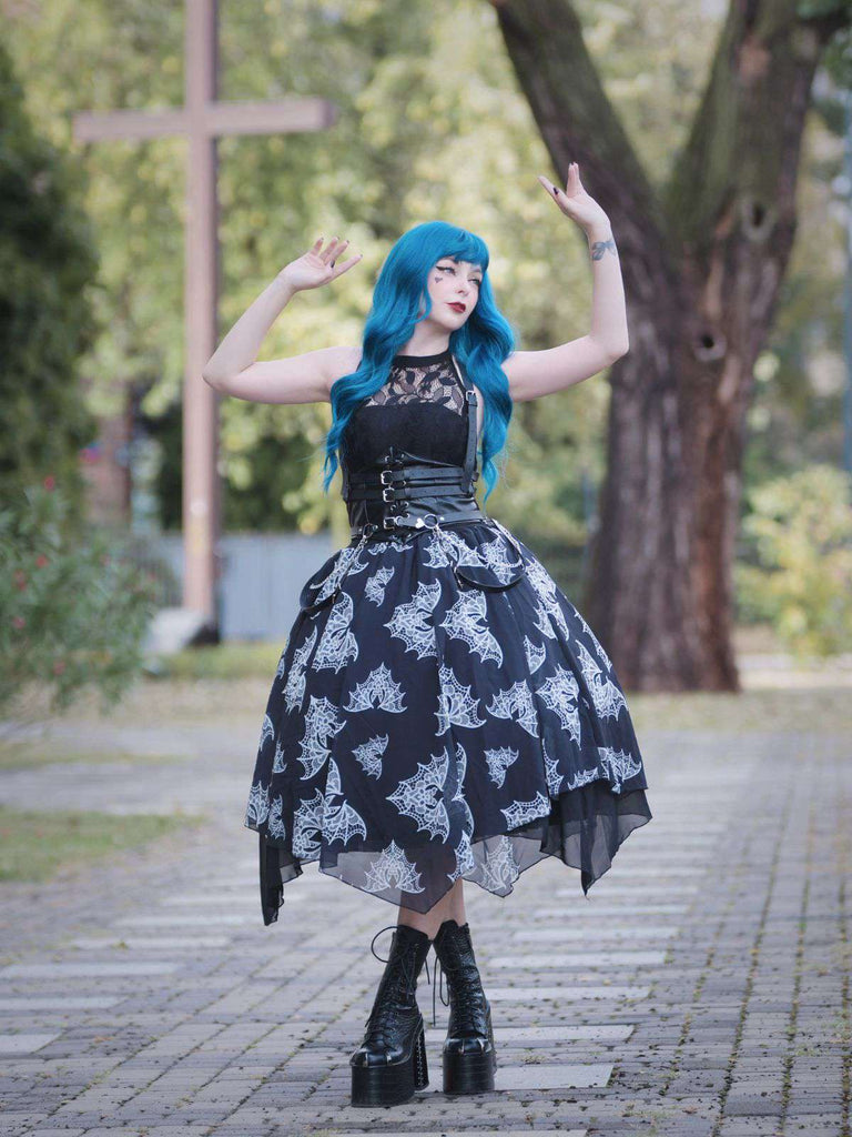 1950er Halloween Gothic Fledermaus-Druck Spitze Kleid