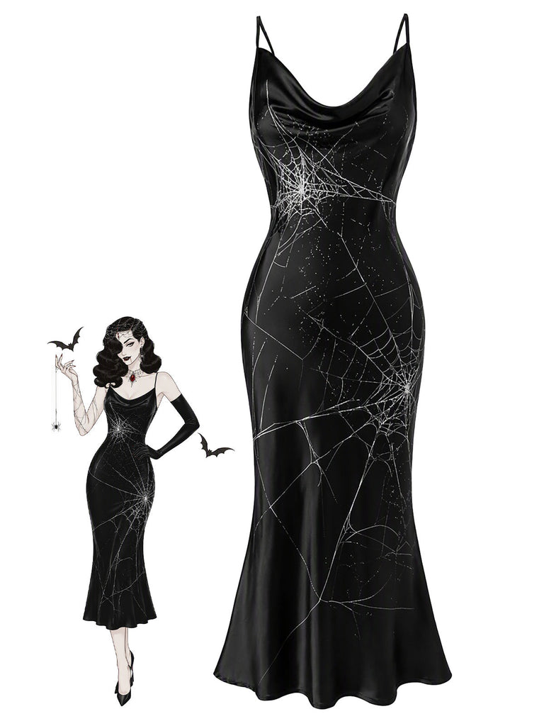 30er Satin-Maxikleid mit Spinnennetz und Wasserfallausschnitt