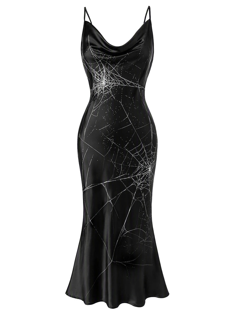 30er Satin-Maxikleid mit Spinnennetz und Wasserfallausschnitt
