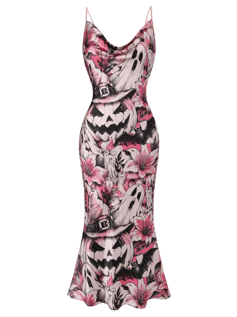 Schwarzes Halloween-Meerjungfrauenkleid mit Kürbis- und Geisterprint