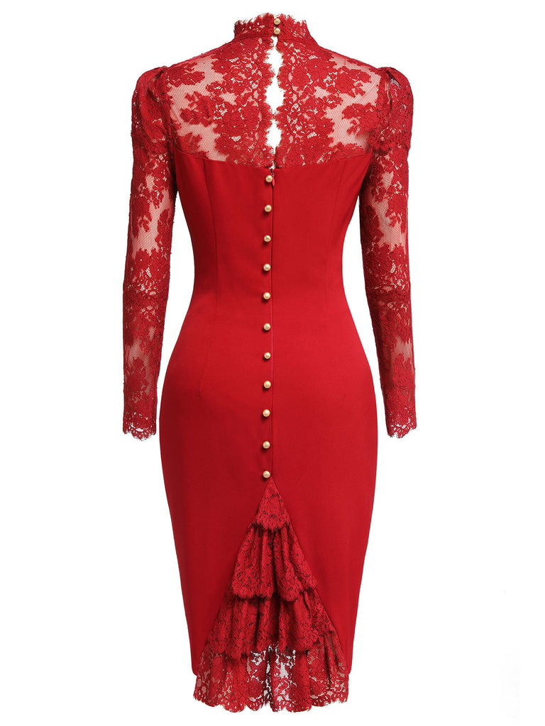 ROTER SPITZE LANGARM PATCHWORK BLEISTIFTKLEID