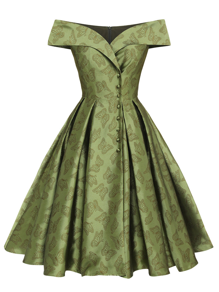 1950ER GRÜNES SCHULTERFREIES VINTAGE KLEID