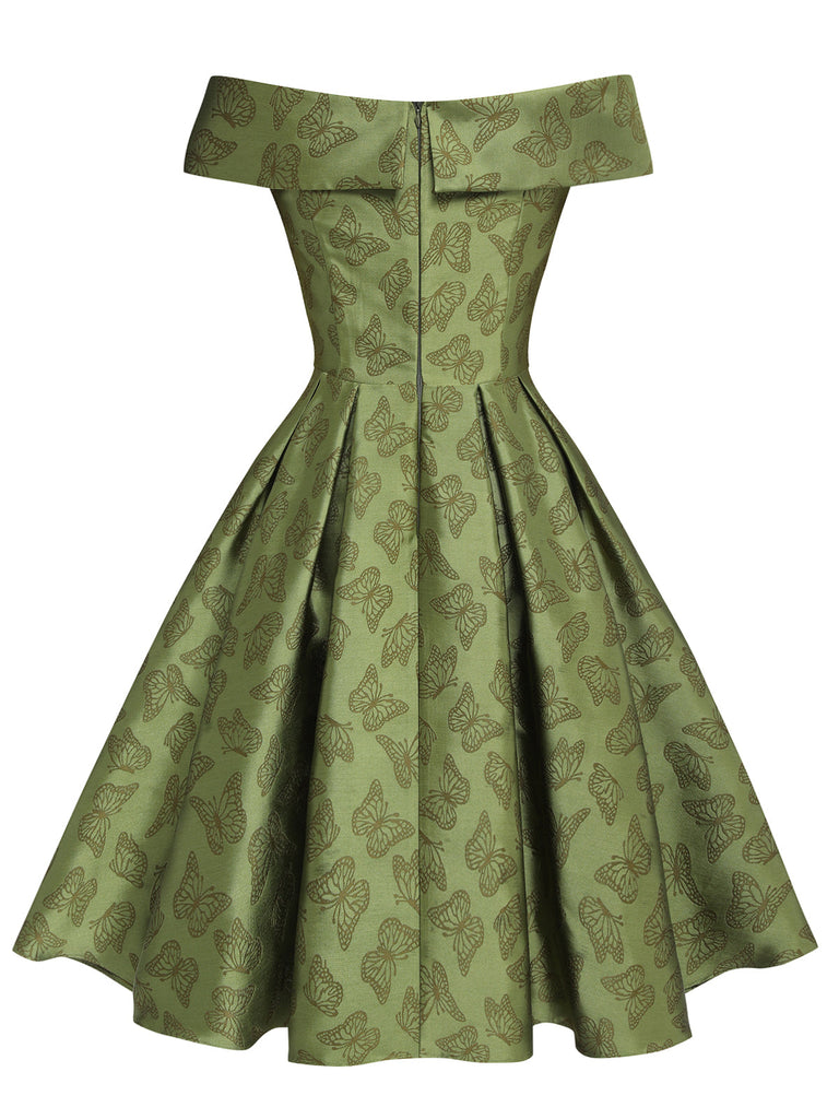 1950ER GRÜNES SCHULTERFREIES VINTAGE Schmetterling KLEID