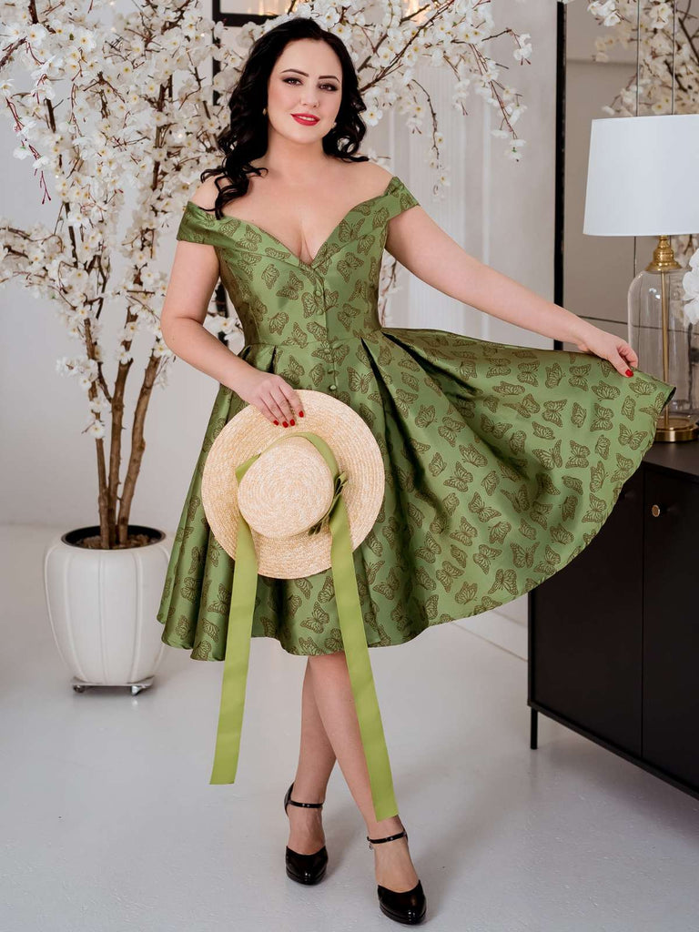 1950ER GRÜNES SCHULTERFREIES VINTAGE Schmetterling KLEID
