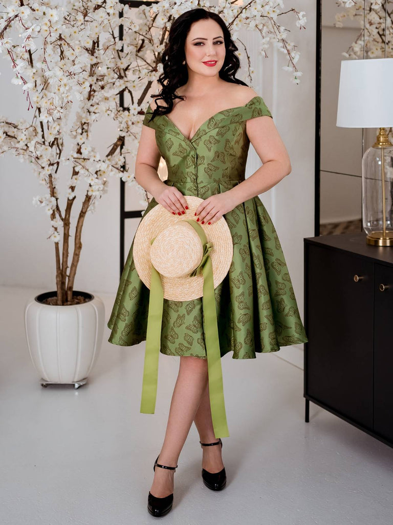 1950ER GRÜNES SCHULTERFREIES VINTAGE Schmetterling KLEID
