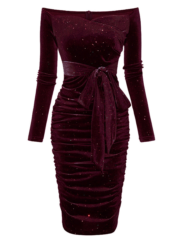 Weinrot 1960er Solide Schulterfrei Samt Kleid