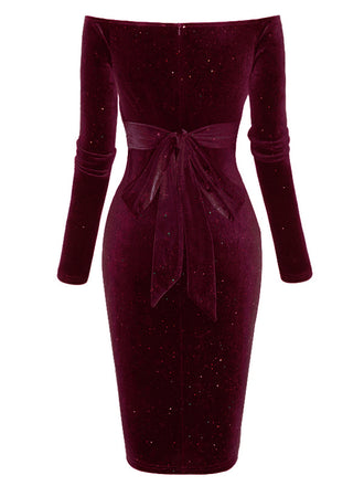 Weinrot 1960er Solide Schulterfrei Samt Kleid