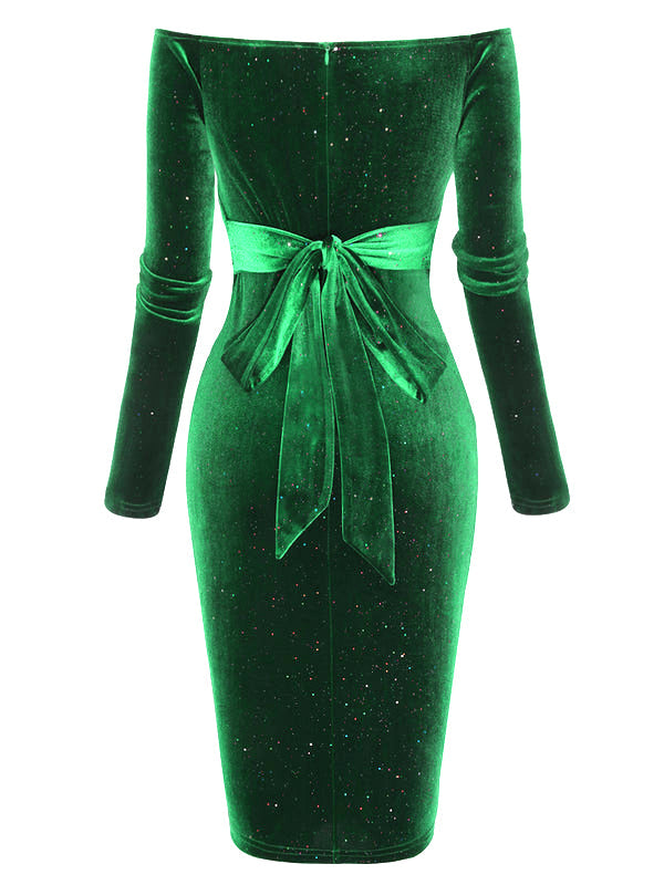 Weinrot 1960er Solide Schulterfrei Samt Kleid