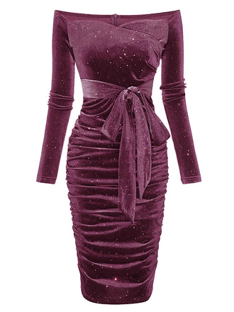 Lila 1960er Solide Schulterfreies Samt Bleistiftkleid