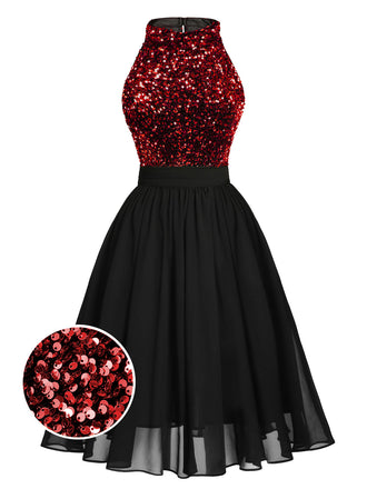 Rot 1950er Glitzer Patchwork Kleid