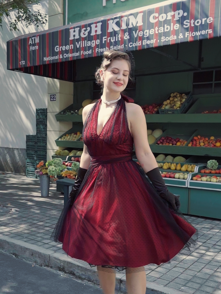 Dunkelrot 1950er Tupfen Netz Swing Kleid