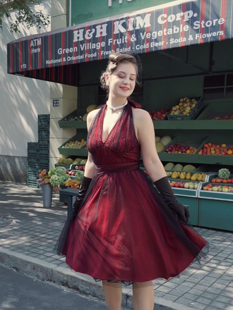 Dunkelrot 1950er Tupfen Netz Swing Kleid