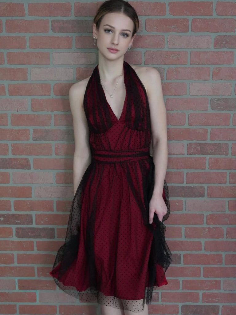 Dunkelrot 1950er Tupfen Netz Swing Kleid