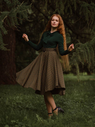 1950ER DUNKELGRÜNES KARIERTES STRICKKLEID