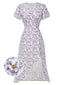 Lila 1930er Geblümtes V-Ausschnitt-Knopfkleid