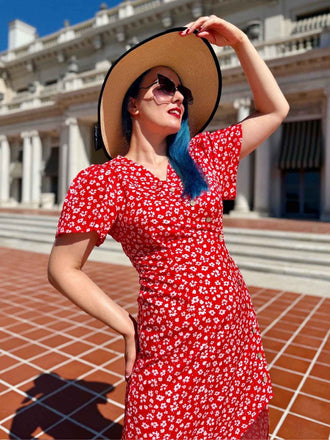 Rotes Geblümtes V-Ausschnitt-Knopfkleid 1930er