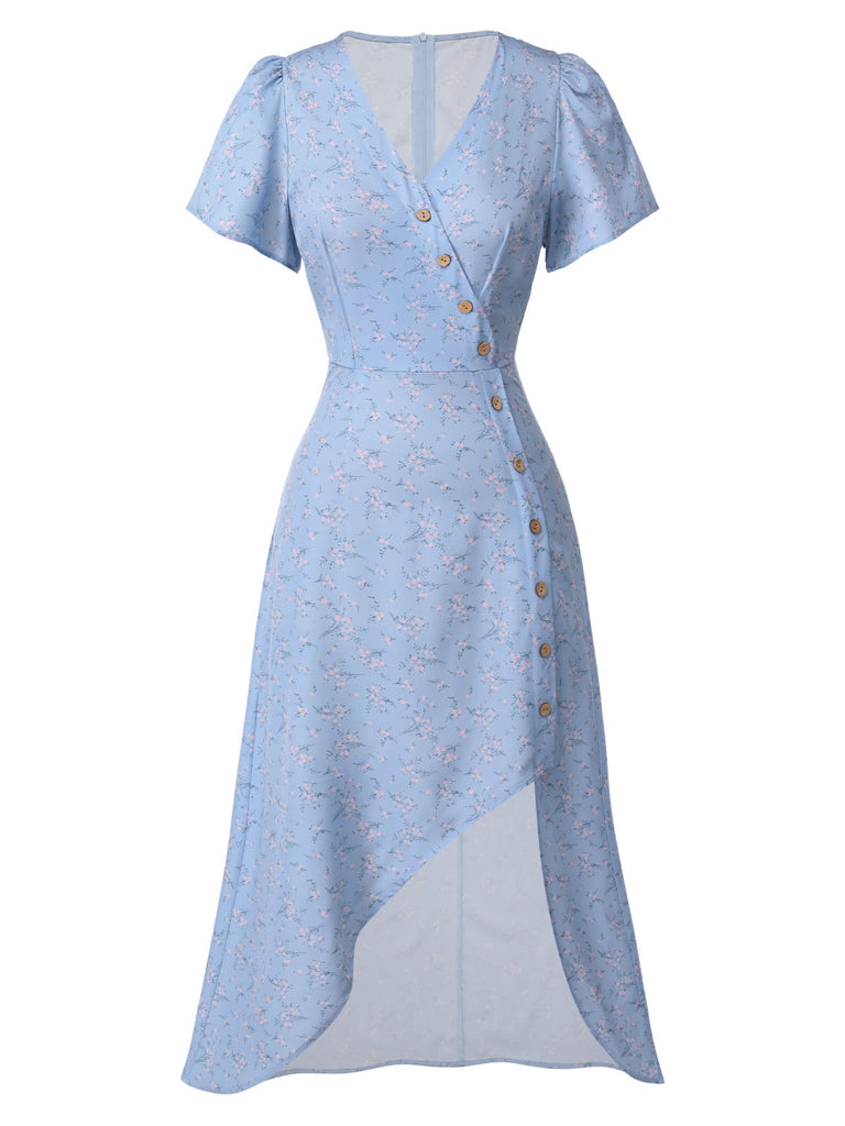 Rotes Geblümtes V-Ausschnitt-Knopfkleid 1930er