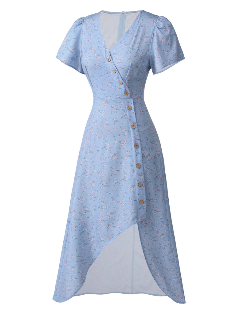 Rotes Geblümtes V-Ausschnitt-Knopfkleid 1930er