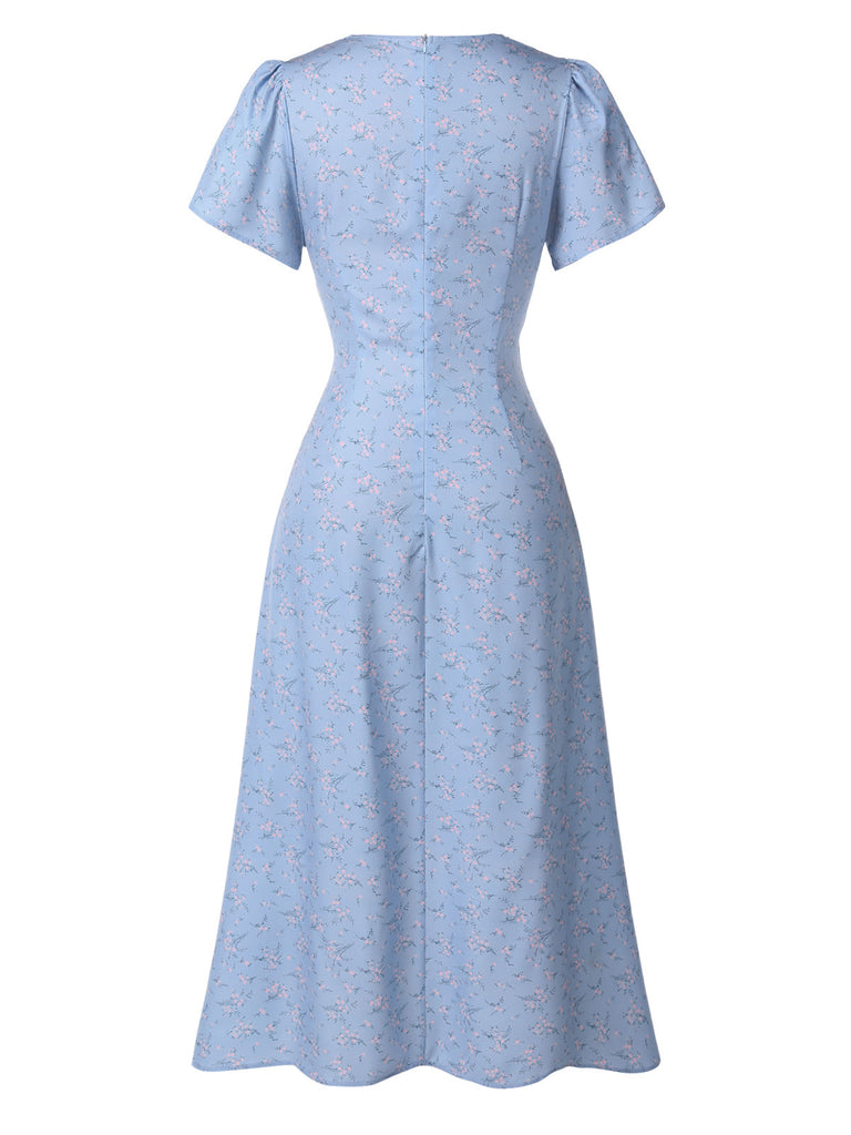 Rotes Geblümtes V-Ausschnitt-Knopfkleid 1930er