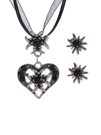 Schwarz Oktoberfest Strassstein Edelweiß Herz Schleife Halskette & Ohrring Set