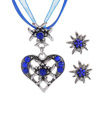 Tiefhimmelblaues Oktoberfest Strassstein Edelweiß Herz Schleife Halskette & Ohrring Set