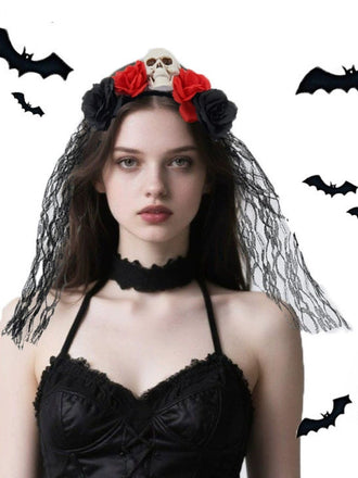 Vintage 3D Schädel Rosen Spitze Schleier Stirnband