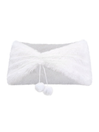 [Vorverkauf] Weiß 1970er Solide Kunstpelz Pompon Binden Schal