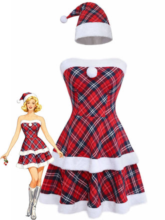 Rot 1960er Plaid Trägerlos Patchwork Kleid Set