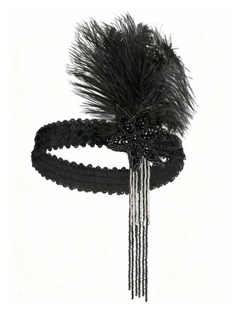 Schwarzer 20er Gatsby-Kopfschmuck mit Federn, Pailletten und Perlen