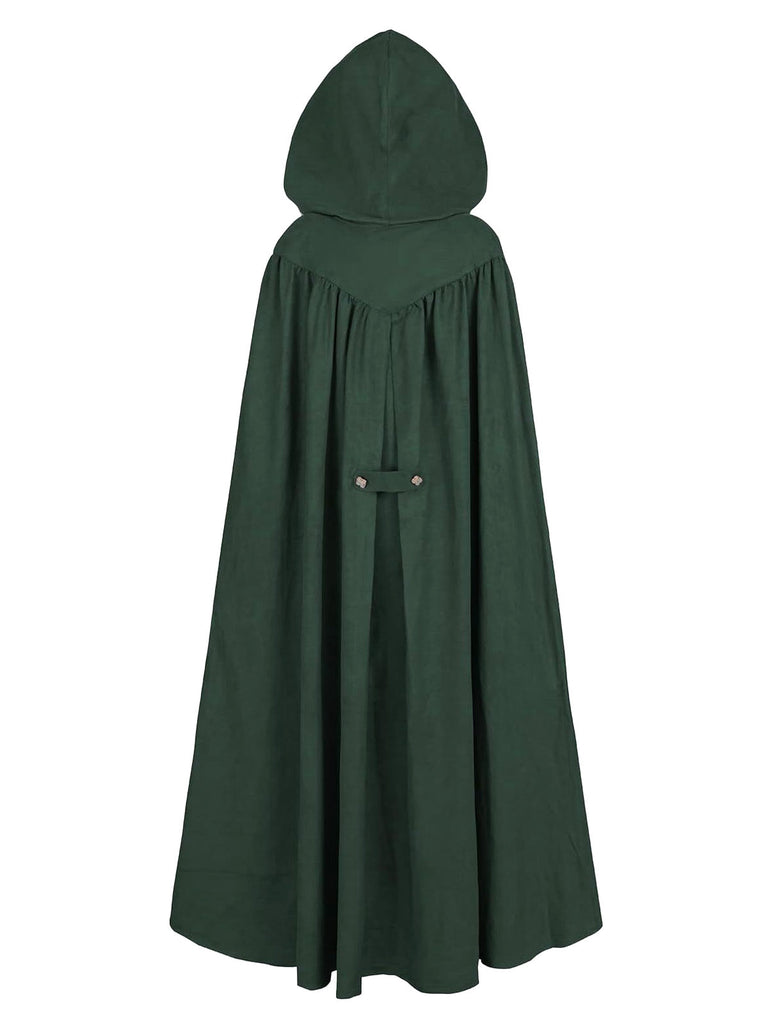 Grünes 50er Mittelalter-Halloween-Cape mit Kapuze und Kettenverschluss