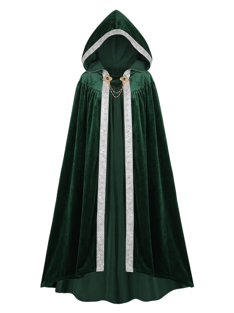 Grünes 50er Mittelalter-Halloween-Cape mit Kapuze und Kettenverschluss