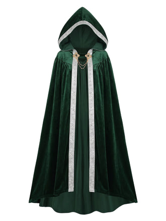 Grünes 50er Mittelalter-Halloween-Cape mit Kapuze und Kettenverschluss