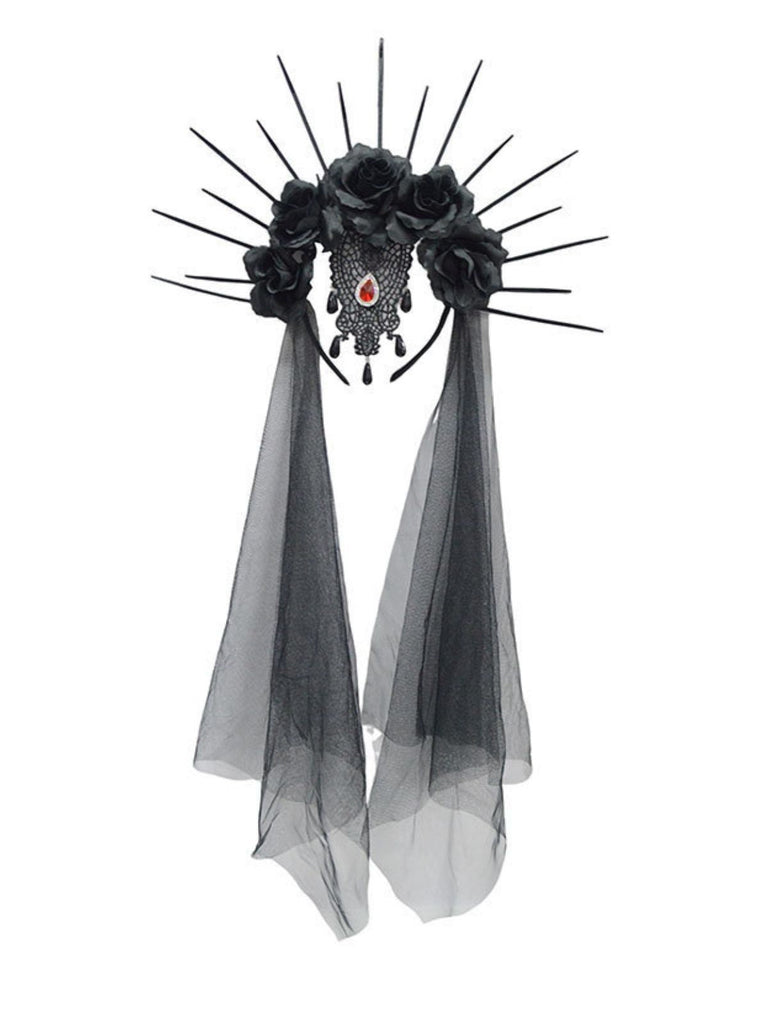 Schwarzer Gothic-Haarschmuck mit Rosenschleier und Spikes