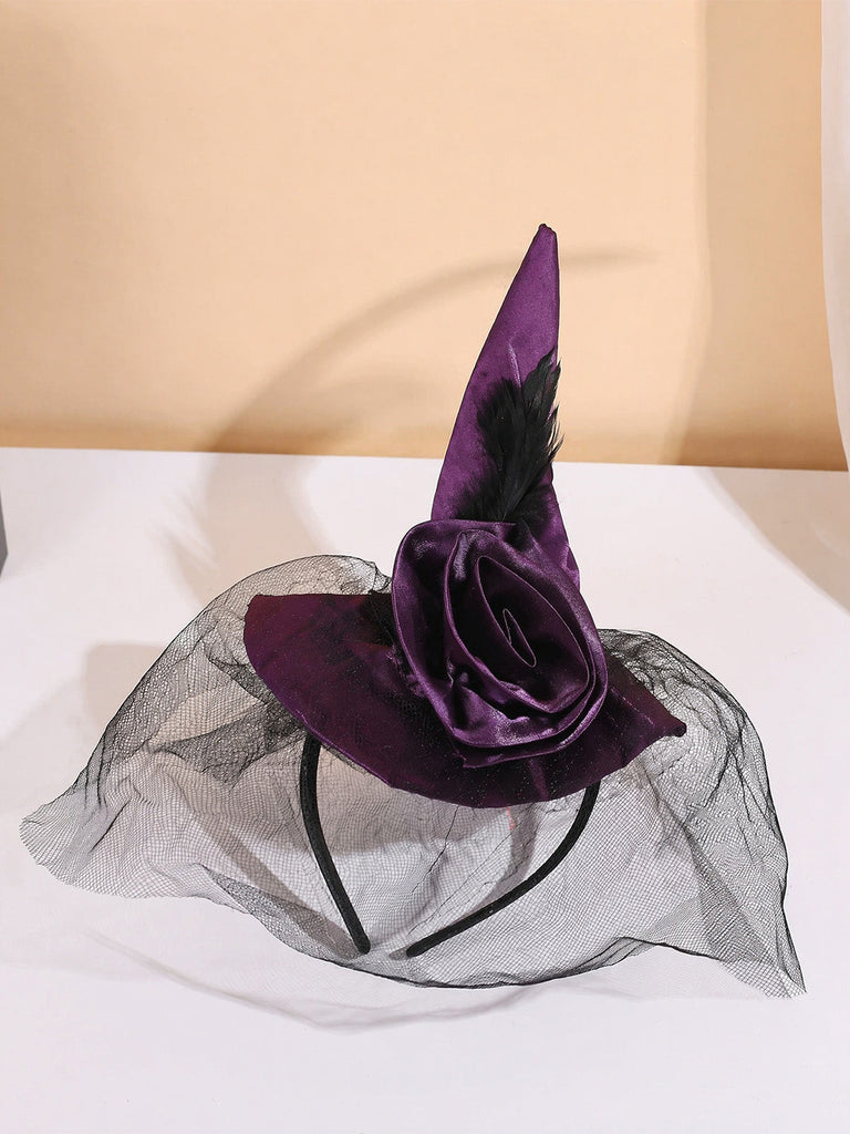 Rosa Hexenhut-Haarreif mit Netz und Federn