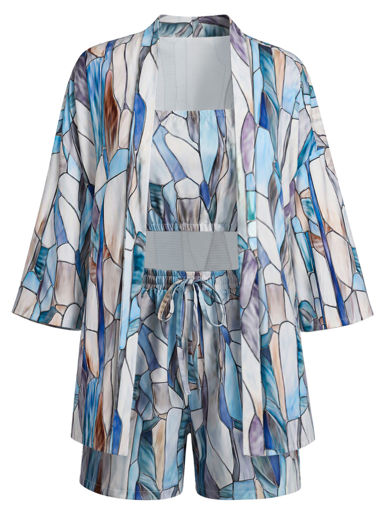 70er Geometrie-Set mit Cardigan, Crop-Top und Shorts