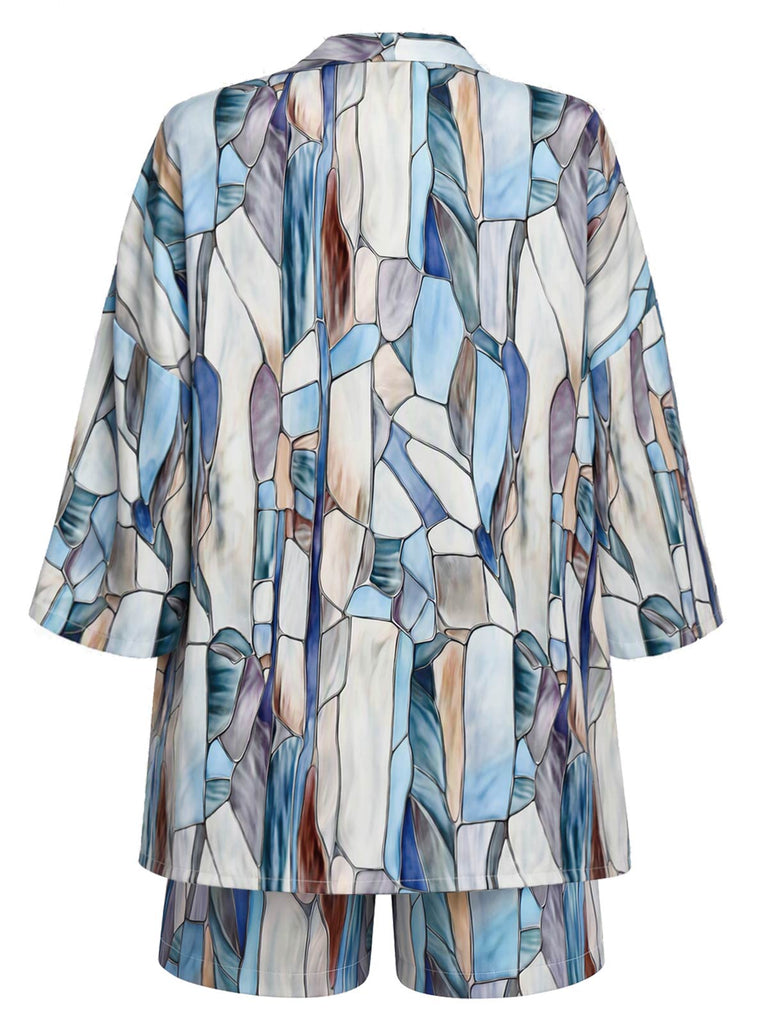 70er Geometrie-Set mit Cardigan, Crop-Top und Shorts