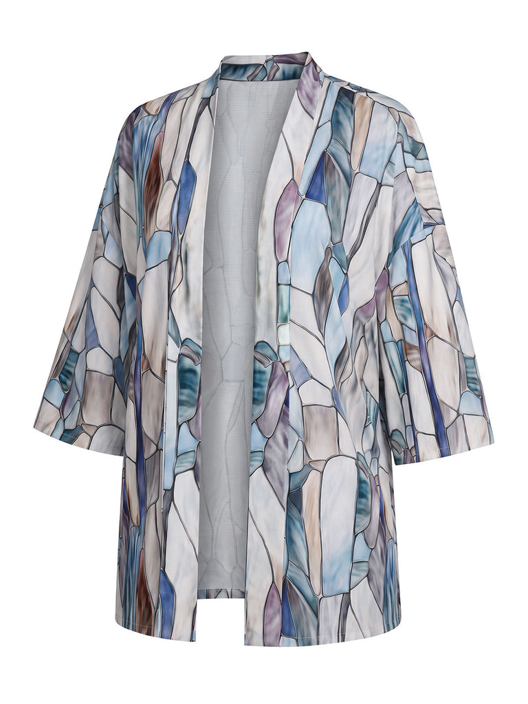 70er Kimono mit Glasfenster- und Geometrie-Print